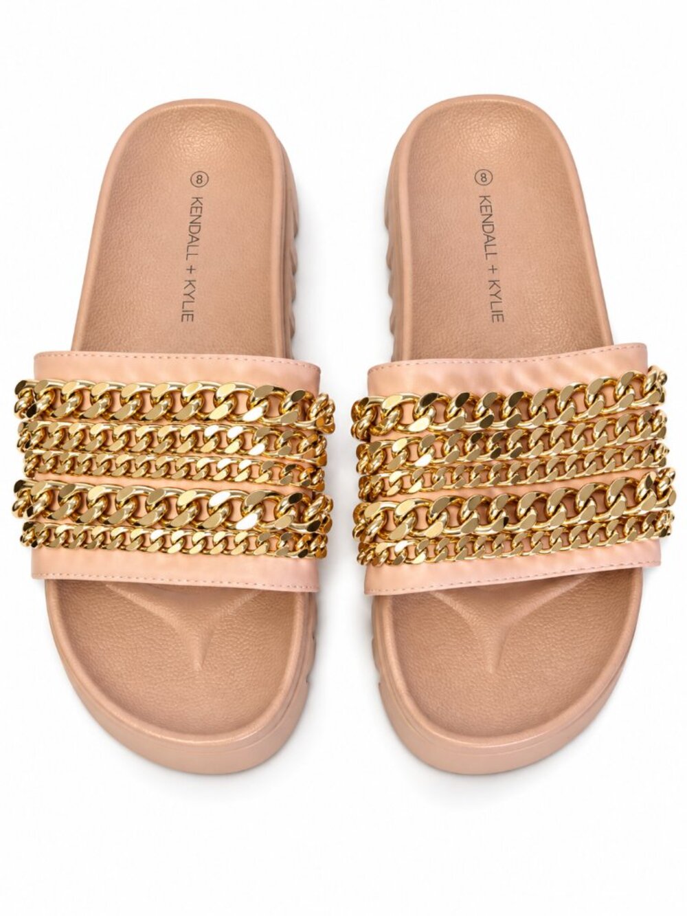 Kendall & Kylie Blush Pink Slide Sandals with Gold Chain Straps - 6